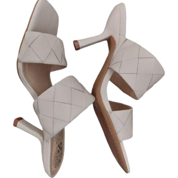 Vince Camuto Woven Leather Heeled Mules | White Wedding Special Occasion Sandals - Picture 8 of 9